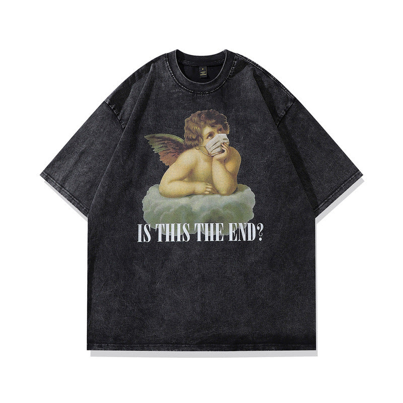Men T Shirt Hip Hop Cartoon Anime Print Washed and Worn Short Sleeve T-shirt Men and Women