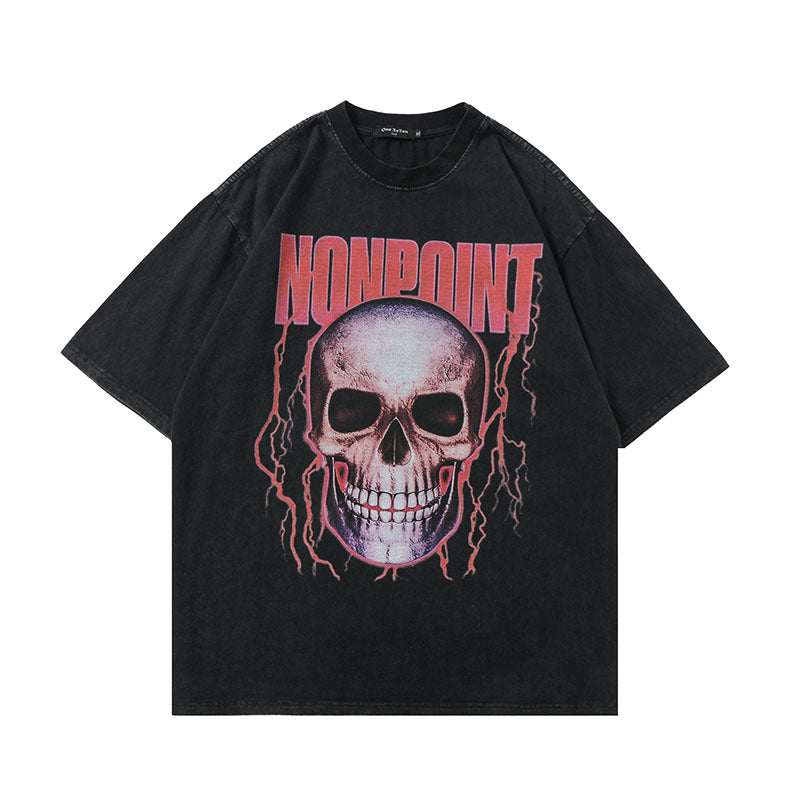 Men T Shirt Tkpa Dark High Street Punk Skull Print Worn Looking Washed-out Short Sleeve T-shirt Men's and Women's Ins Hip-Hop Street Top