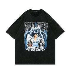 Men T Shirt Tkpa Dark High Street Punk Skull Print Worn Looking Washed-out Short Sleeve T-shirt Men's and Women's Ins Hip-Hop Street Top