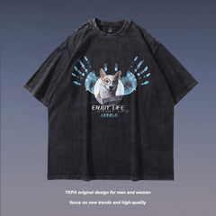 Men T Shirt Worn Looking Washed-out Cartoon Printed Short Sleeve T-shirt for Men and Women