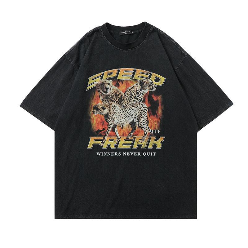 Men T Shirt Worn Looking Washed-out Short-Sleeved T-shirt Men's Fashion Brand Hip Hop Print Loose