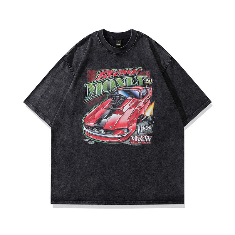 Men T Shirt Vintage Design Printed Washed Short Sleeve T-shirt Men and Women Hip Hop