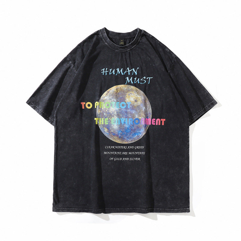 Men T Shirt Washed Distressed Printed Short-Sleeved T-shirt Baby Boy and Girl Summer Loose