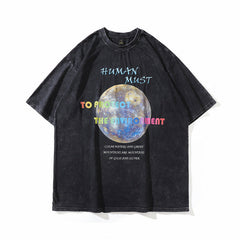 Men T Shirt Washed Distressed Printed Short-Sleeved T-shirt Baby Boy and Girl Summer Loose