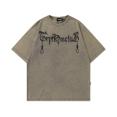 Men T Shirt Printed Worn Looking Washed-out Short-Sleeved T-shirt Men and Women Style Retro