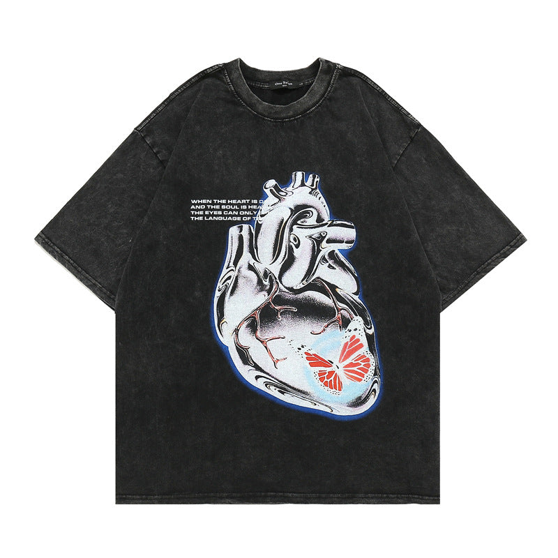 Men T Shirt Washed and Worn Printed Loose T-shirt Men's Summer Street