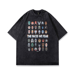 Men T Shirt Cartoon Printed Washed and Worn Short Sleeve T-shirt for Men and Women