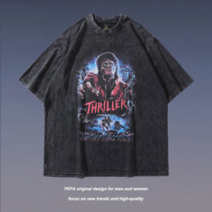Men T Shirt Distressed Printed Short-Sleeved T-shirt Male and Female Personality Washed Loose