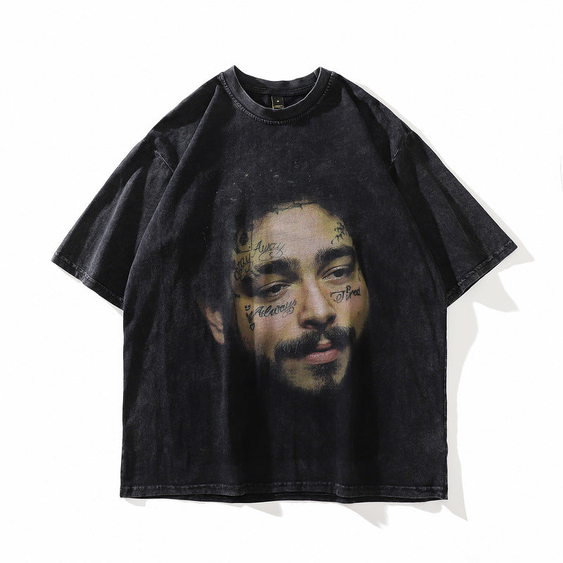 Men T Shirt Retro Washed Distressed Anime Print Short Sleeve T-shirt Loose
