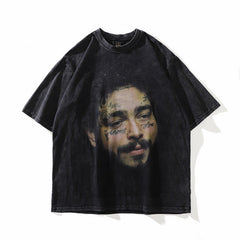 Men T Shirt Retro Washed Distressed Anime Print Short Sleeve T-shirt Loose