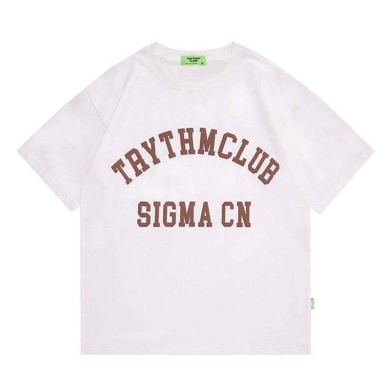 Men's T Shirt Letter Print Short-Sleeve T-shirt Men's and Women's Retro Loose round Neck