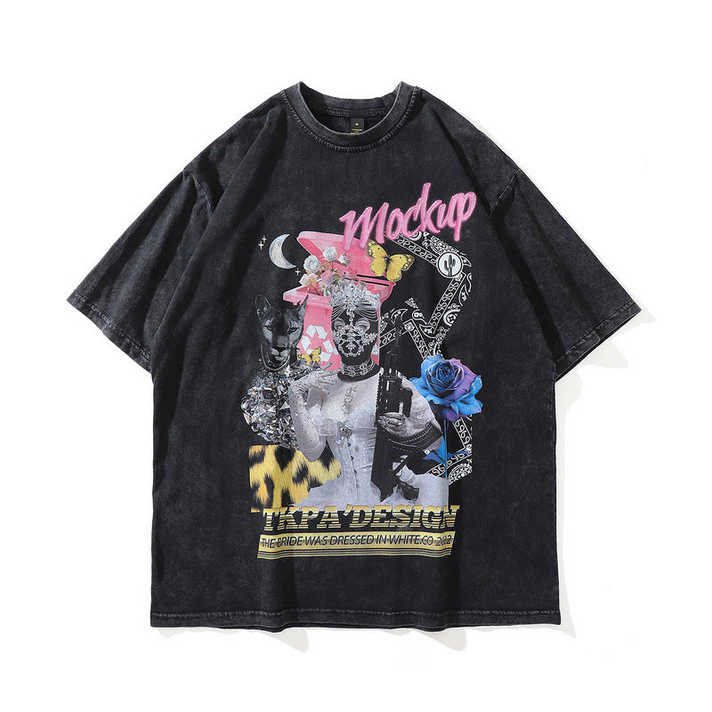 Men's T Shirt Retro Loose Hip Hop Short-Sleeved T-shirt Men's Distressed Print