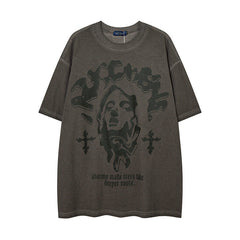 Men T Shirt Vintage Distressed Dark Portrait Wash Couple Short Sleeve T-shirt Men