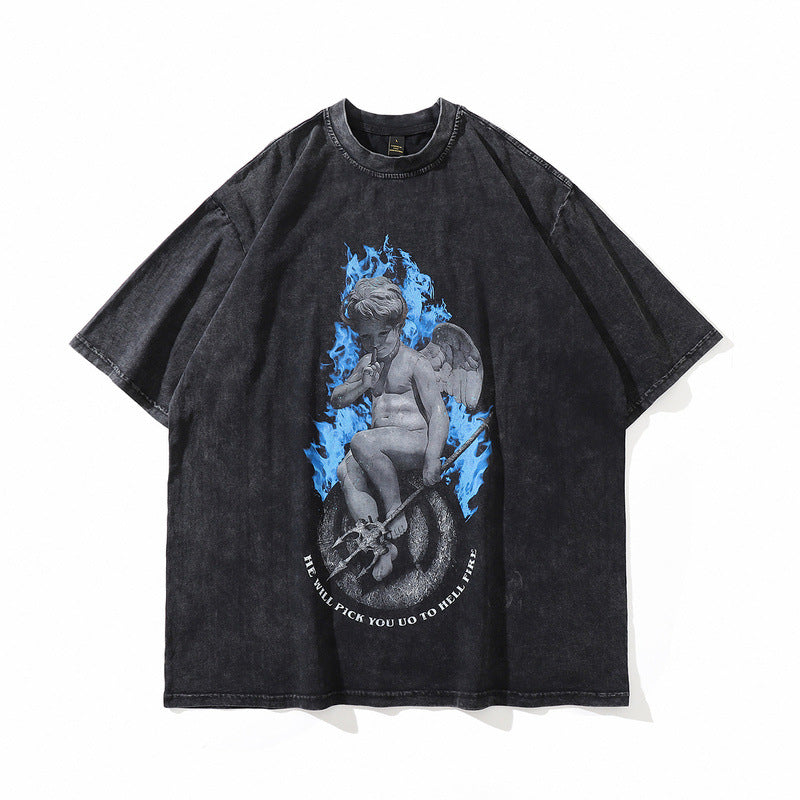 Men T Shirt Washed Distressed Printed Short-Sleeved T-shirt Men and Women Loose