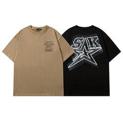 Men T Shirt Five-Pointed Star Letter Print Couple Half Sleeve T-shirt Vintage Distressed Short Sleeve