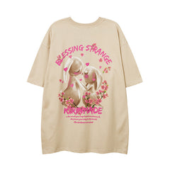 Men T Shirt Rabbit Print Sweet Cool Couple T-shirt Retro College Style Short Sleeve T-shirt