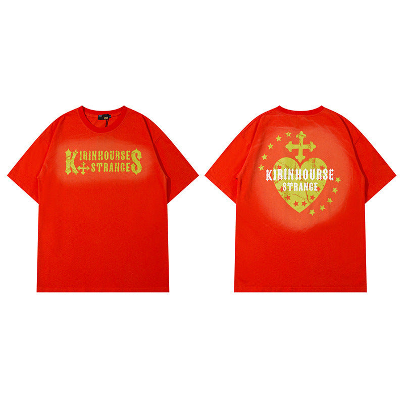 Men T Shirt Vintage Letter Print Short-Sleeve T-shirt Men and Women