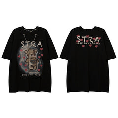 Men T Shirt Bear Graffiti Short Sleeve T-shirt Men and Women Loose-Fitting Casual round-Neck